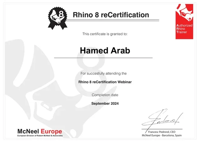 Rhino 8 reCertification certificate issued to Hamed Arab by McNeel Europe, September 2024