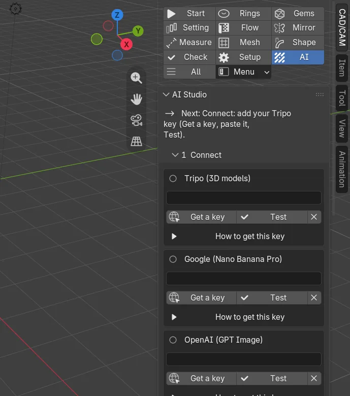 The AI Studio panel, with a reference picture and a model placed at true size