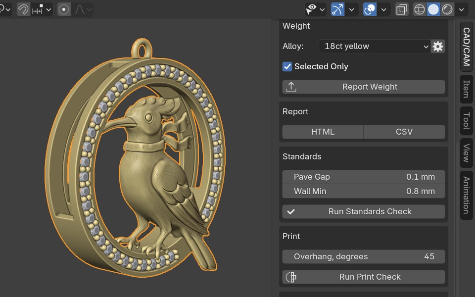 The Check panel beside the Hamdam Hodhod Roundel Pendant: weight, standards check and print check, ready to run