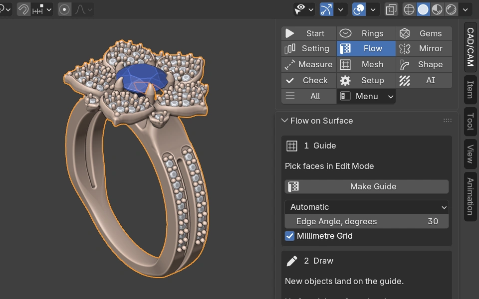 The Flow on Surface panel beside the Golnar Engagement Ring in the Blender view