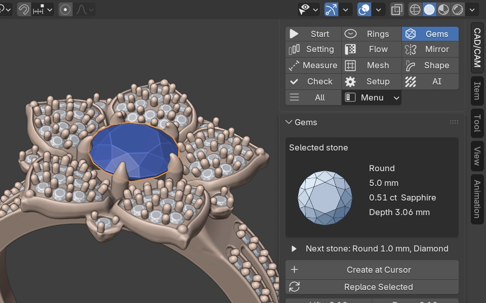 The Gems panel for the selected 5.0 mm round stone of the Golnar Engagement Ring, with the ring's blossom close up in the Blender view