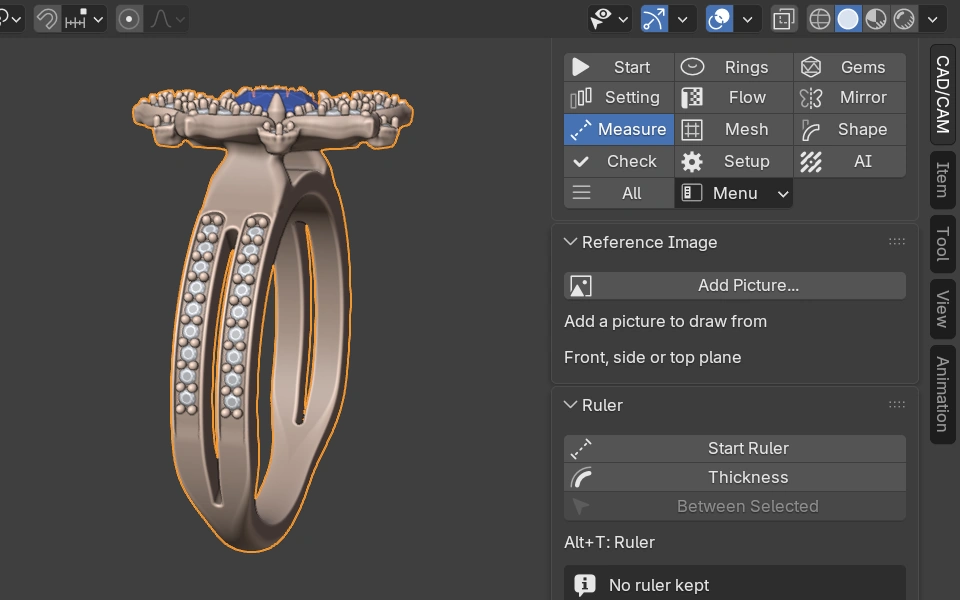The Reference Image and Ruler panels beside the Golnar Engagement Ring, seen from the side in Blender