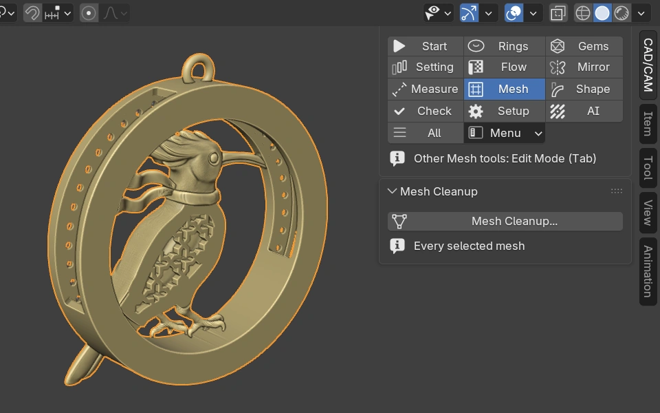 The back of the Hamdam Hodhod Roundel Pendant in Blender, with the Mesh Cleanup panel open