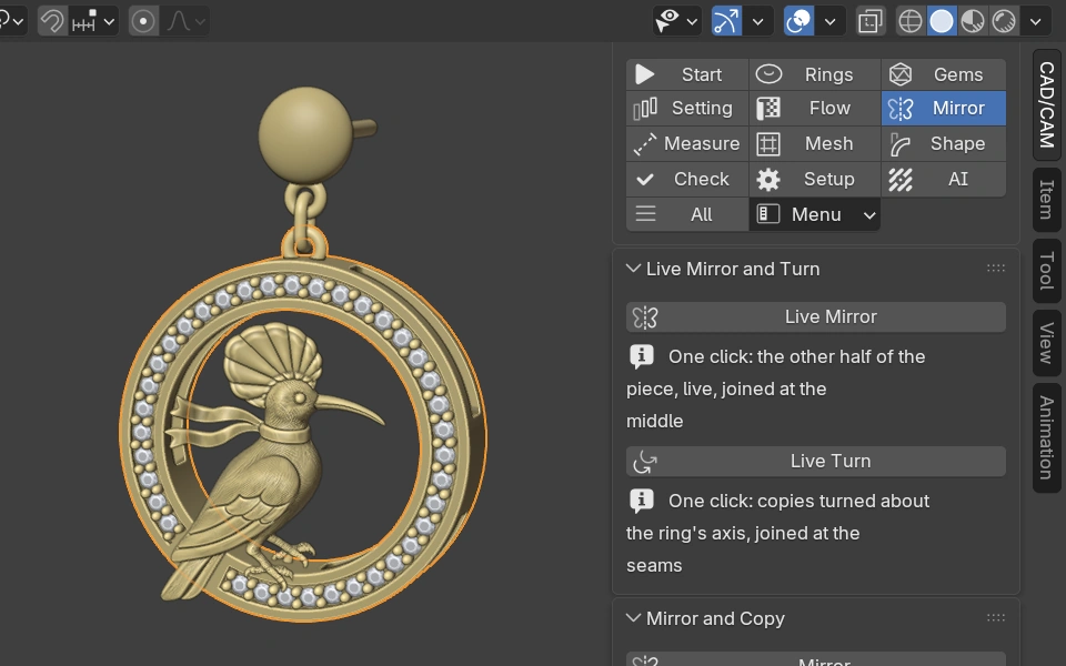 The Live Mirror and Turn panel beside the Hamdam Hodhod Roundel Drops in the Blender view