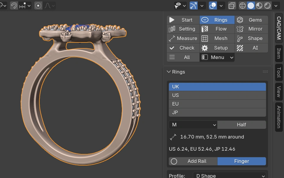 The Rings panel beside the Golnar Engagement Ring in Blender, on UK size M with its diameter and the size in other systems