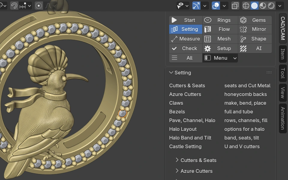 The stones and beads of the Hamdam Hodhod Roundel Drops close up in Blender, with the Setting panel listing its cutter, claw, bezel, pave and halo tools
