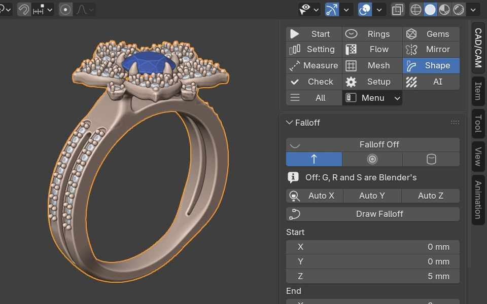 The Falloff panel beside the Golnar Engagement Ring in the Blender view