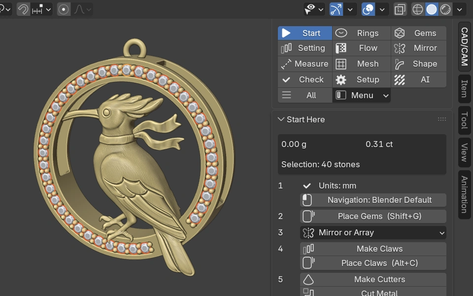The Start Here panel beside the Hamdam Hodhod Roundel Pendant in Blender: the weight of its forty selected stones, then the usual order of work as numbered buttons