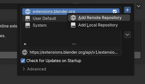 Blender's Preferences window on Get Extensions, with the Repositories menu open