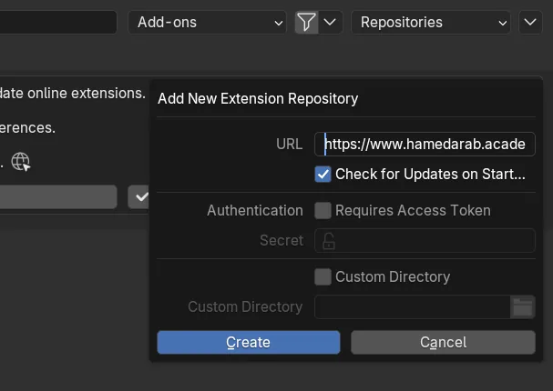 The Add Remote Repository window with Check for Updates on Startup ticked