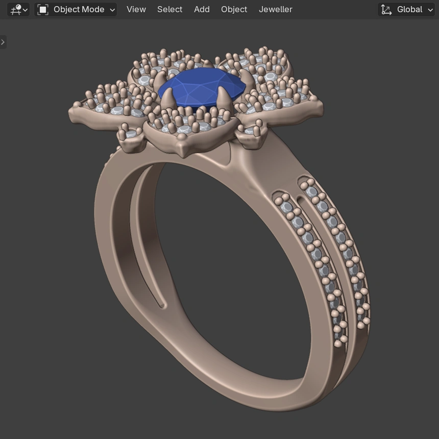 The Golnar Engagement Ring in Blender's 3D view, as a rose-coloured model: a blue round centre stone in a blossom of pave petals, with pave along both sides of the shank
