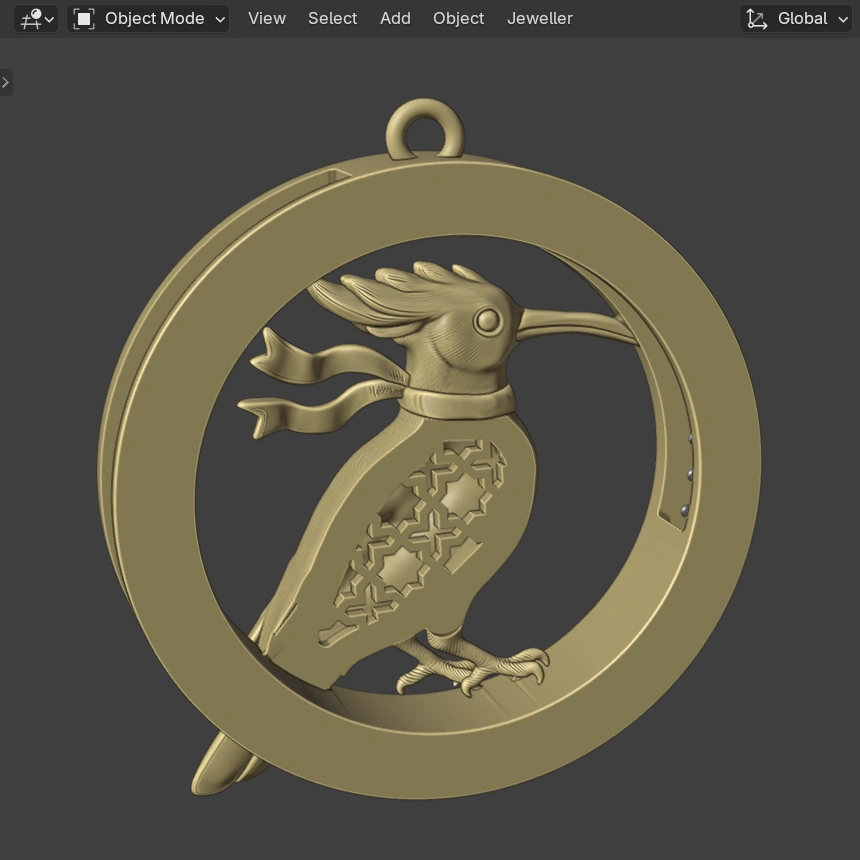 The back of the Hamdam Hodhod Roundel Pendant in Blender's 3D view, as a yellow model, with the pierced khatam lattice on the bird