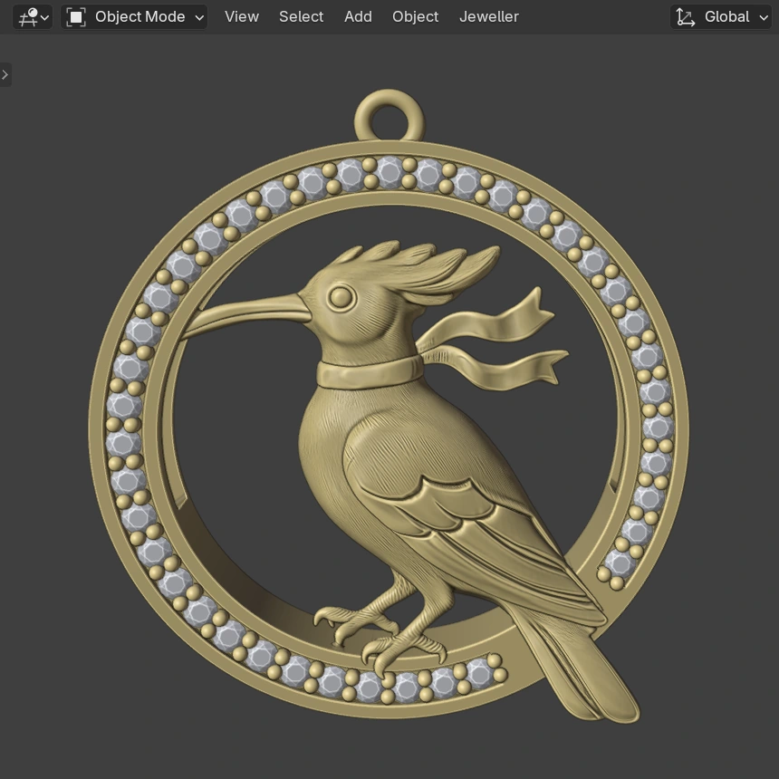The Hamdam Hodhod Roundel Pendant from the front in Blender's 3D view, as a yellow model: the hoopoe inside a ring of forty small round pale blue stones