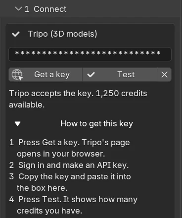The Connect step of AI Studio: the Tripo key box with its tick, the key hidden as asterisks, Get a key and Test, a line giving the credits, and the How to get this key steps open. The Google, OpenAI and Anthropic boxes lie below the picture