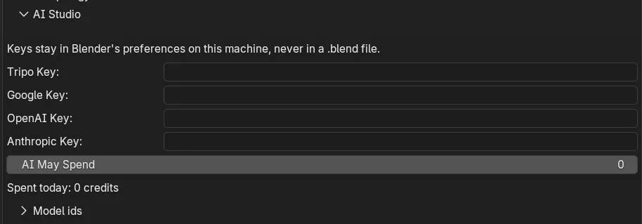 The AI Studio box in the add-on's preferences: the line that keys stay in Blender's preferences, four empty key boxes for Tripo, Google, OpenAI and Anthropic, AI May Spend, the Spent today line and the Model ids sub-panel closed