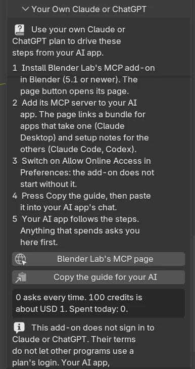 The Your Own Claude or ChatGPT box of AI Studio: the line about using your own plan, five numbered steps, the Blender Lab's MCP page and Copy the guide for your AI buttons, the spending line and the first two sentences of the note that the add-on does not sign in to Claude or ChatGPT, cut off in the third