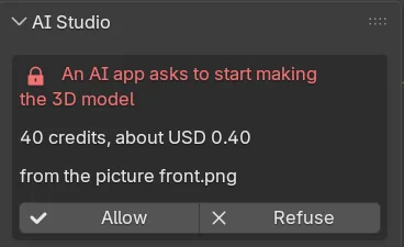 The red request box at the head of AI Studio: an AI app asks to start making the 3D model, the credits and dollars, the file it holds, and Allow and Refuse