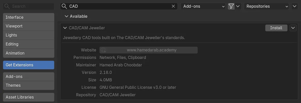 Blender's Get Extensions entry for CAD/CAM Jeweller opened to show the website, permissions, maintainer, version 2.18.0, size and licence