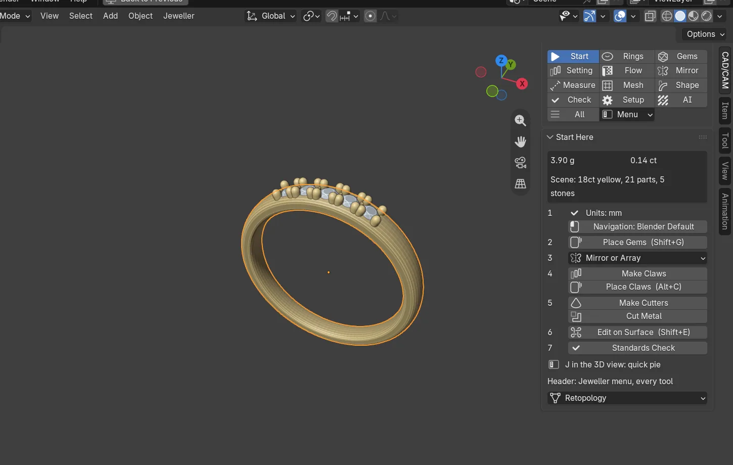 Blender's 3D view with a ring, and the N sidebar open on the CAD/CAM tab