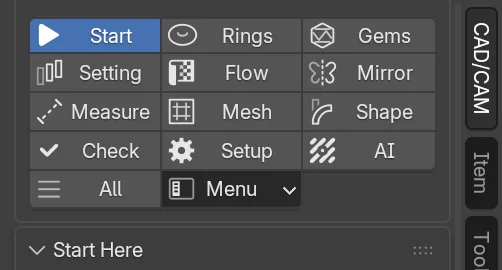 The section bar at the top of the CAD/CAM tab: Start, Rings, Gems, Setting, Flow, Mirror, Measure, Mesh, Shape, Check, Setup, AI, All and Menu