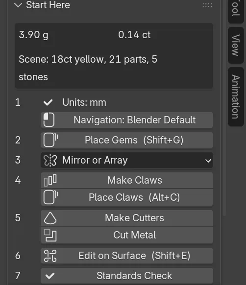 The Start Here panel: numbered buttons in the usual order of work