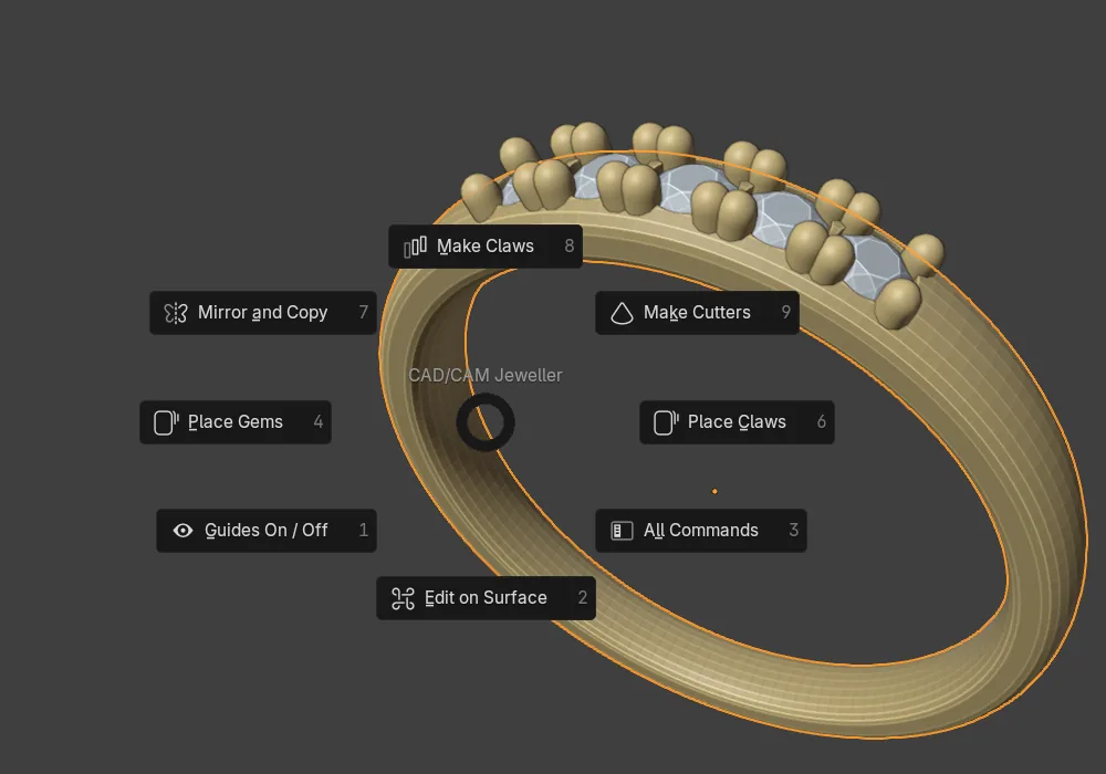 The J pie menu open over a ring in the 3D view, with eight commands round the pointer