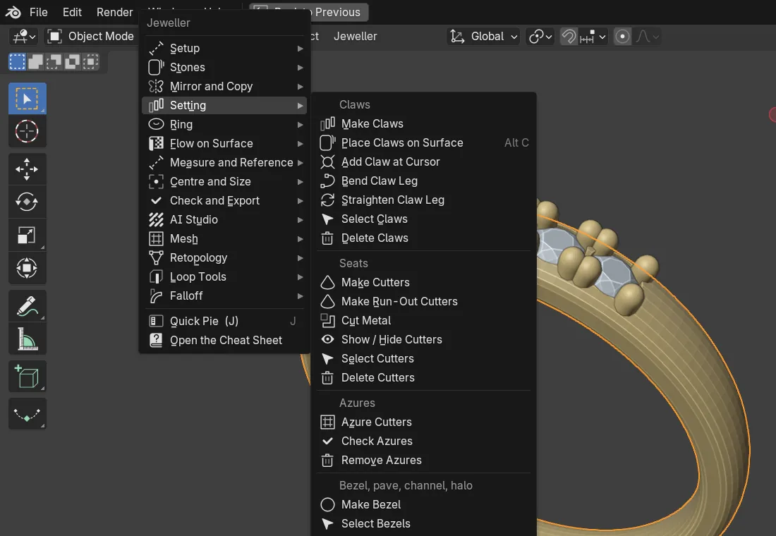 The Jeweller menu open from the 3D view header, with its Setting sub-menu listing claw and seat commands
