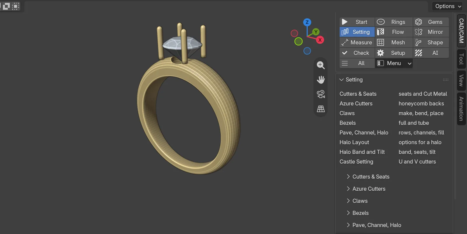 A UK M band with a thick top and a 6.5 mm round stone held in four claws, with the CAD/CAM tab open beside it