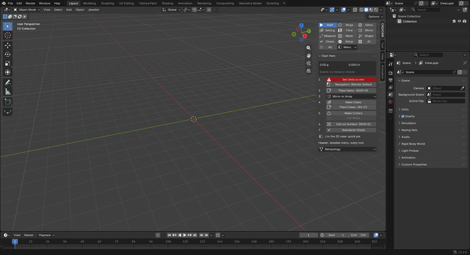 The Blender window with an empty 3D view and the CAD/CAM tab open in the sidebar on Start Here