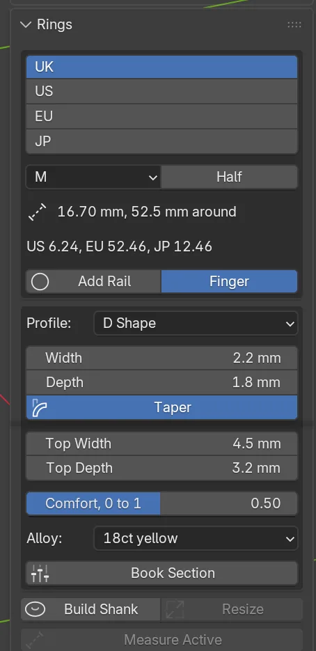 The Rings panel with UK and M, the D Shape profile, Taper pressed in, Top Width 4.5 mm, Top Depth 3.2 mm and the Build Shank button