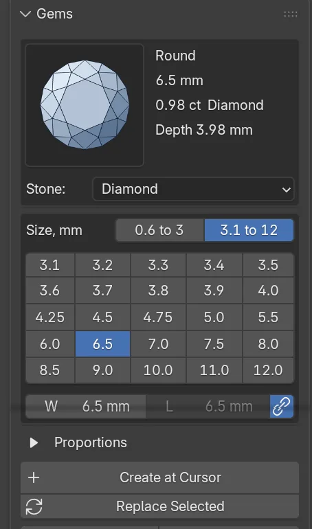 The Gems panel with Round chosen, 6.5 mm, 0.98 ct Diamond, the 3.1 to 12 tab and the 6.5 chip pressed in, and the Create at Cursor button