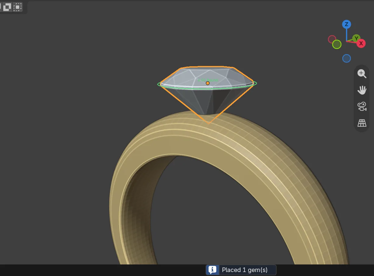 The ring from the side and above with the stone standing 2 mm above the band, and Placed 1 gem(s) in the status bar