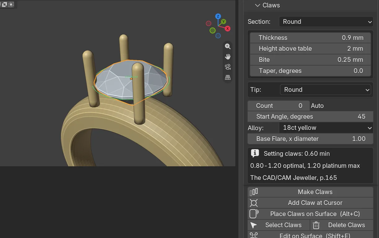 Four claws standing round the stone, beside the open Claws panel with Section Round, Thickness 0.9 mm and the Make Claws button