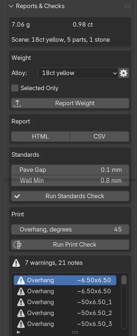 The Reports and Checks panel with the weight box at the top, the Report Weight button, the standards and print buttons, then the verdict line 7 warnings, 21 notes and the start of the findings list