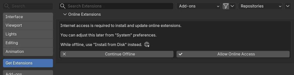 Blender's Get Extensions page asking for online access, with Continue Offline and Allow Online Access buttons