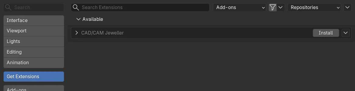 The Get Extensions page in Blender's Preferences, with the search box, the filter and the Repositories button along the top