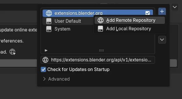 The Repositories list at the top right of Get Extensions, with the plus button's menu showing Add Remote Repository and Add Local Repository