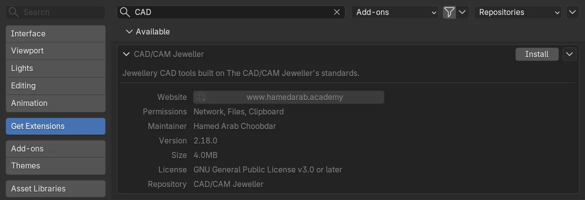 The CAD/CAM Jeweller found by searching, its entry opened to show the tagline, permissions, version 2.18.0 and licence, with an Install button