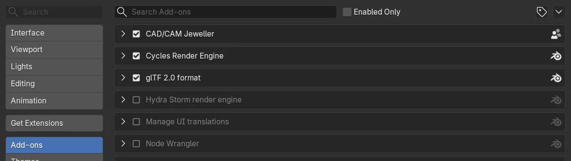 Blender's Add-ons list with CAD/CAM Jeweller installed and ticked as enabled