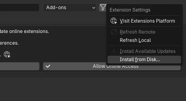 The arrow menu at the top right of Get Extensions with Install from Disk highlighted