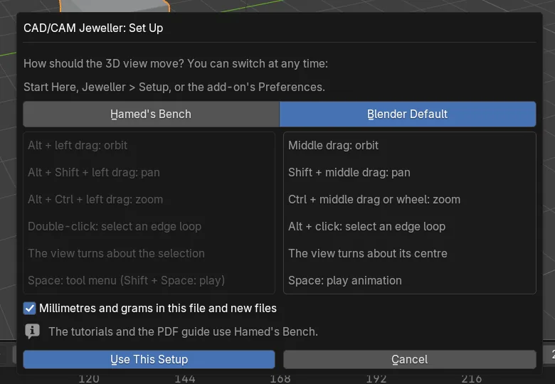 The one-time Set Up window asking how the 3D view should move, with two choices side by side and a Use This Setup button