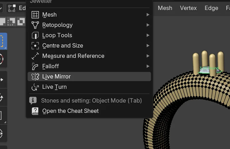 The Jeweller menu open from the 3D view header in Edit Mode, listing Mesh, Retopology, Loop Tools, Centre and Size, Falloff, Live Mirror, Live Turn and Open the Cheat Sheet