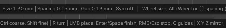 The status bar during Place Gems: Size, Spacing and Gap, then the key help