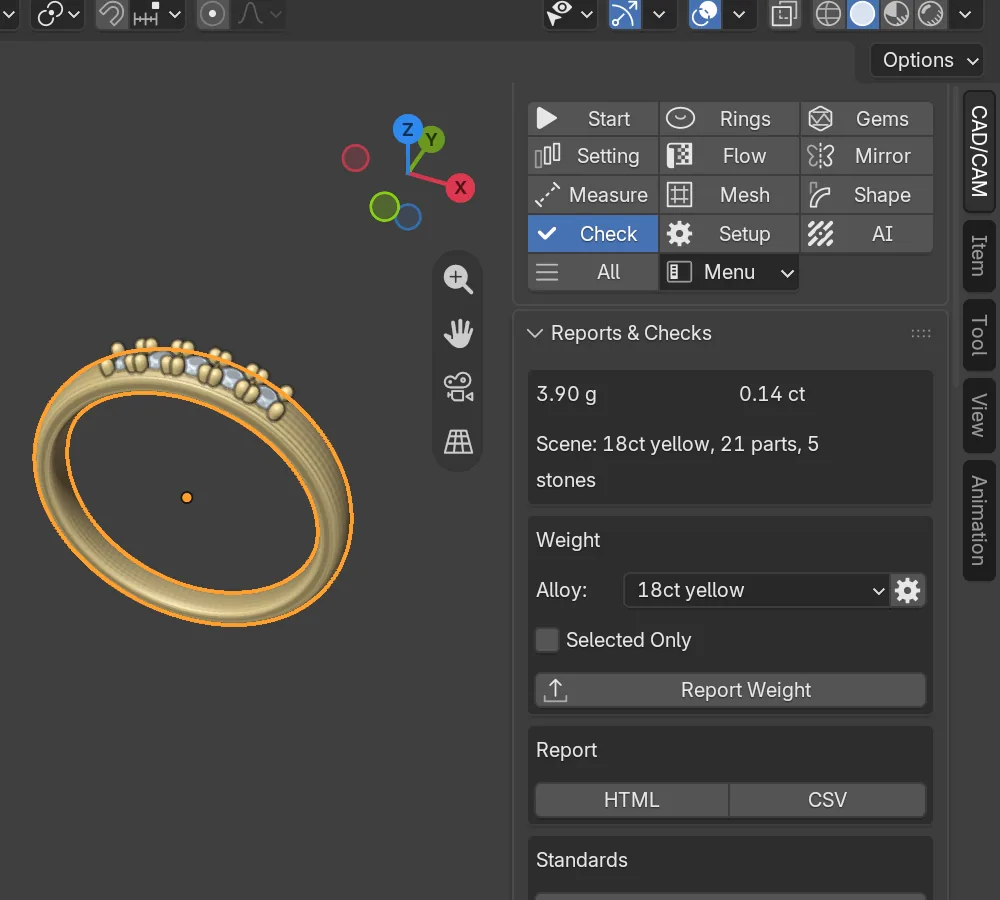 A ring in the 3D view beside the Reports and Checks panel: the weight in grams and carats, the Weight box with its alloy, the Report buttons and the head of the Standards box