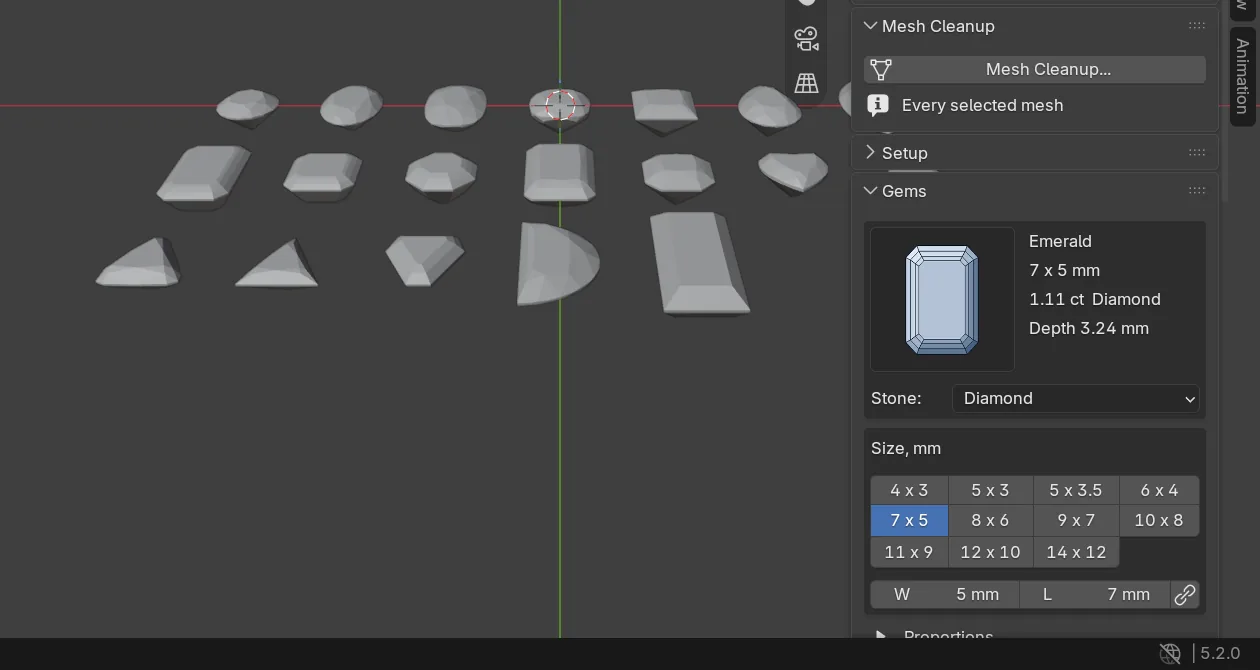 Every stone cut in the library laid out in the 3D view, with the Gems panel showing an emerald cut, its weight and size buttons