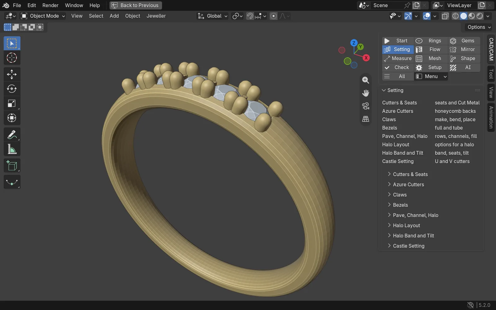 The CAD/CAM Jeweller in Blender: a gold half-eternity ring with claw-set stones in the 3D view, and the CAD/CAM sidebar open on its Setting section