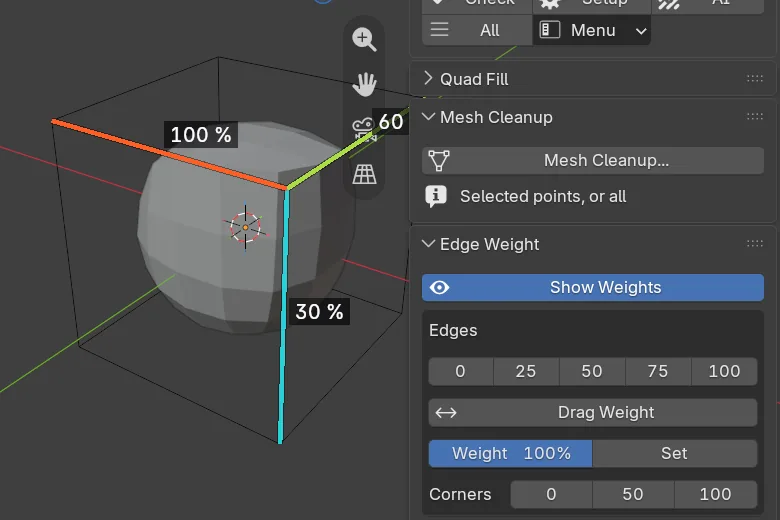 A sphere with its edge weights shown as percentages, and the Edge Weight panel in the Mesh section