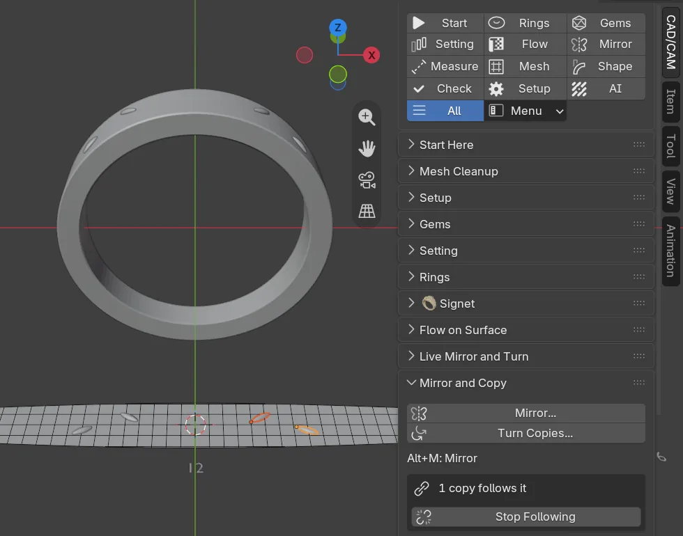A ring band above a flat strip with mirrored copies that follow edits, and the Mirror and Copy panel with its Stop Following button