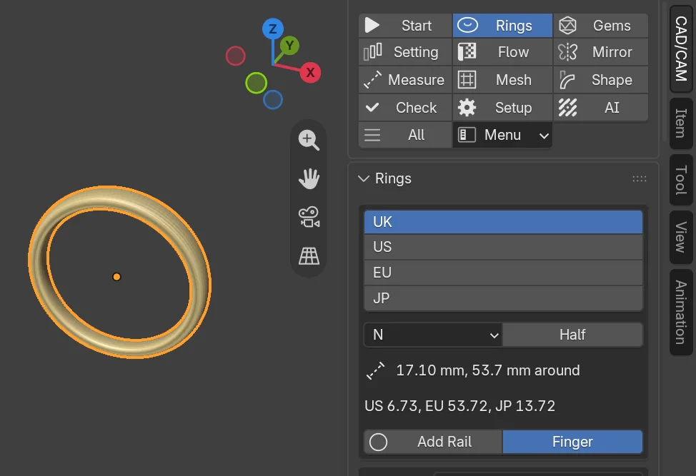 A ring band in the 3D view, with the Rings panel showing the UK size, width and depth fields and the Add Rail and Finger buttons