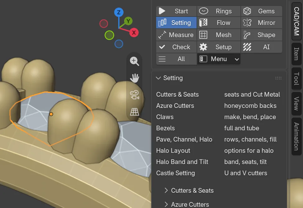 Claws set round a row of stones on a ring, with the Setting panel listing seats and cutters, claws, bezels and pave